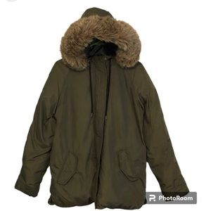 Old Navy Women's Fur Trimmed Hood Olive Green Utility Winter Coat Parka Size L
